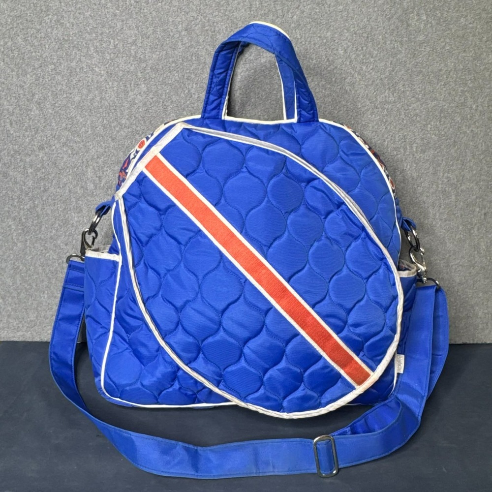 Cinda B Bag Quilted Hobo Tennis Tote Blue Floral Quilted Shoulder Strap Full Zip